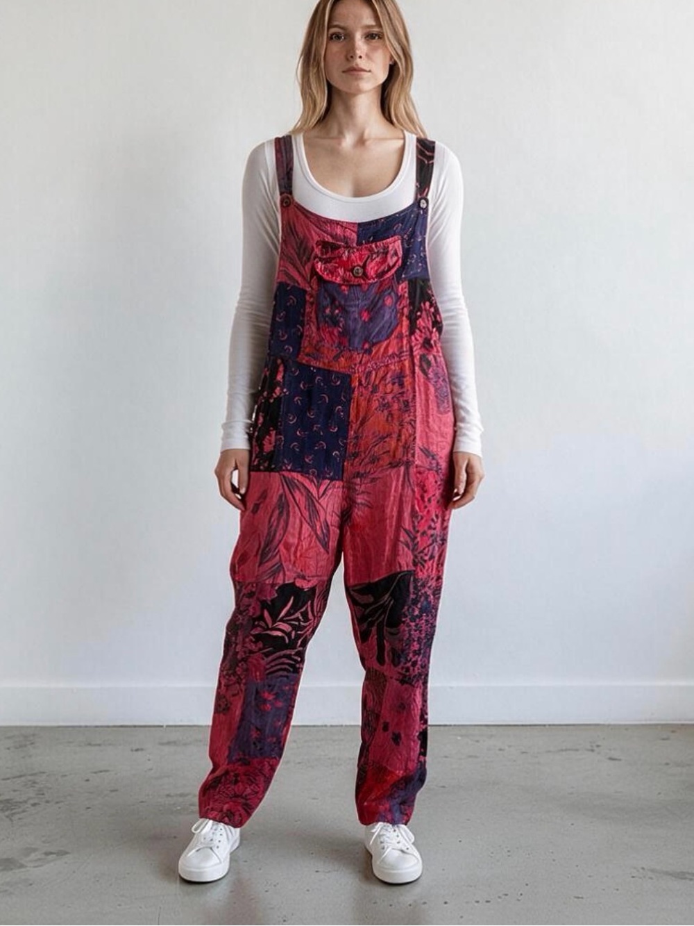 Women's Patchwork red & blue viscose Overalls, boho overalls, hippie overalls